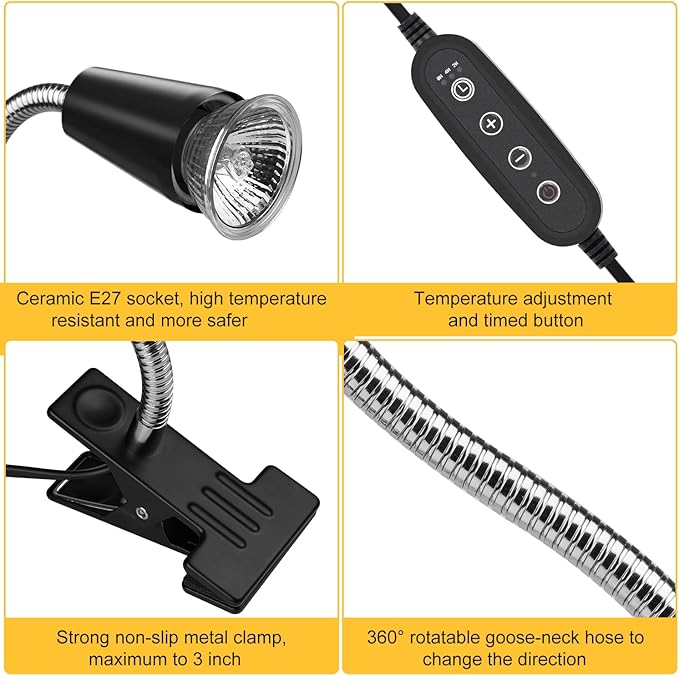 Dallfoll Reptile Heat Lamp, UVA UVB Reptile Timing Heat Lamp, with 360°Rotatable Swivel and Clamp, Heating Lamp for Turtle, Lizard, Bearded Dragon
