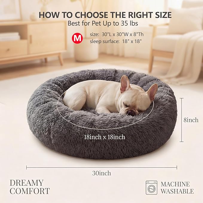 Calming Donut Dogs Beds for Medium Dogs up to 45 lb,30inch Anti-Slip Plush Round Dog Bed with Raised Rim,Fluffy Faux Fur Pet Bed for Cozy Sleep,Dark Grey