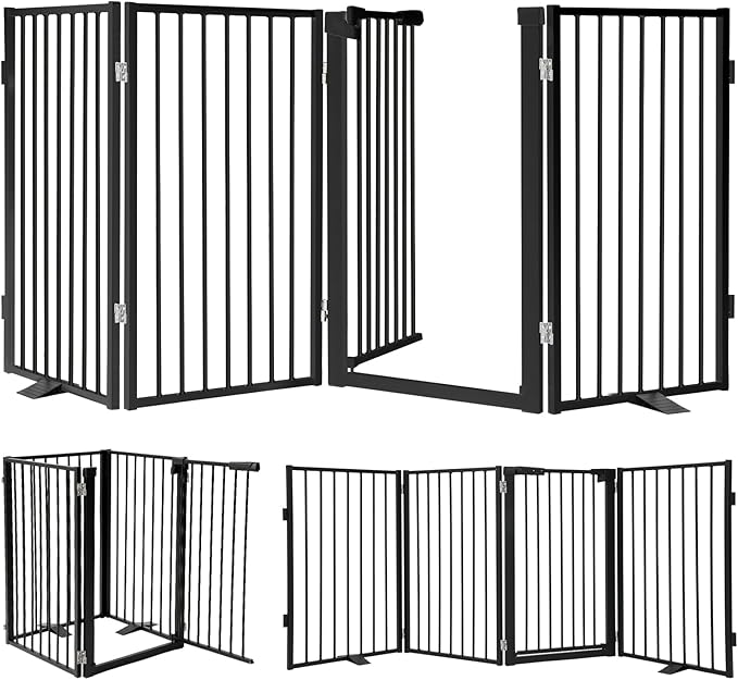 Snagle Paw Metal Freestanding Dog Gate with Door, 80” W x 32” H Dog Fence with Support Feet for Doorways, Stairs and Hallways, Portable Pet Gate for Indoor Use (4 Panel, Black)