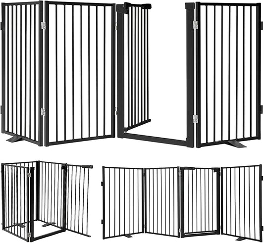 Snagle Paw Metal Freestanding Dog Gate with Door, 80” W x 32” H Dog Fence with Support Feet for Doorways, Stairs and Hallways, Portable Pet Gate for Indoor Use (4 Panel, Black)