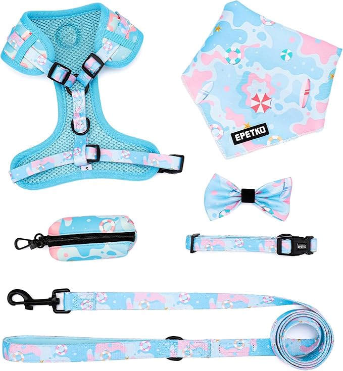 Small Dog Harness and Leash Set of 6, No Pull Soft Lightweight Mesh Puppy Harness， Adjustable Cute Floral Pattern Pet Harness for Small Medium Dogs (Blue Sea, M)
