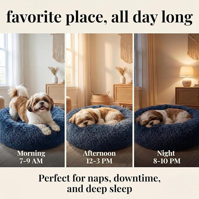 Calming Donut Dogs Beds for Small Dogs Washable,23inch Plush Round Pet Bed for Cozy Sleep,Fluffy Faux Fur Large Cat Bed,Fits up to 25 lbs Pets,Navy Blue
