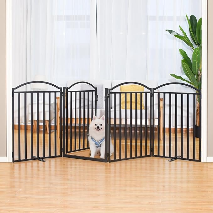 Malier Metal Freestanding Dog Gates with Door, 32'' Height Outdoor Indoor Dog Fences, 96'' Extra Wide Foldable Puppy Gate Free Standind Tall Pet Gate for Stairs, Hallways, Yard (Black, 4 Panels)