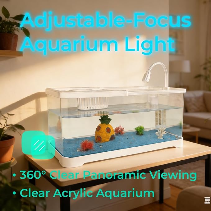 5 Gallon Fish Tank Aquarium Starter Kit with USB LED Light & Quiet Filter, Large Desktop Betta Tank with Decorations, Starter Aquarium for Home Office(Large White)