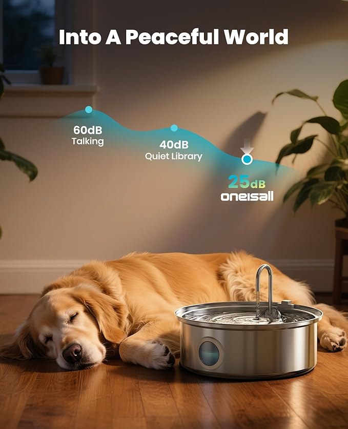 oneisall Dog Water Fountain, 7L/230oz/1.8G Quiet Dog Fountain Water Bowl, Stainless Steel Dog Water Fountain with Visual Water Level&Triple Filtration for Large Medium Small Breed Dogs Pets