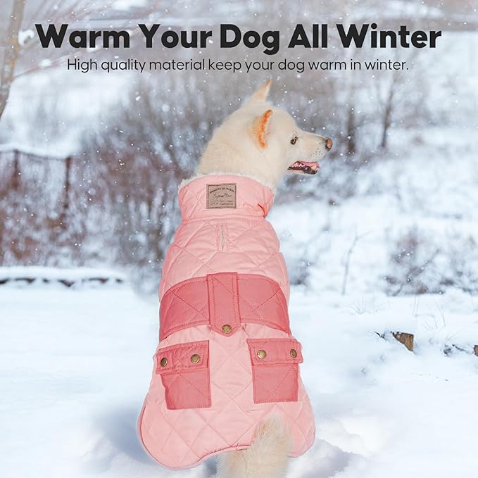 KYEESE Dog Coat Waterproof Dogs Jacket with Fleece Lined Thick Pets Clothes with Pocket Windproof Dog Coats for Small Dogs Warm Pet Winter Puffer Coat with Leash Hole Soft Pet Sweater for Cold Weather