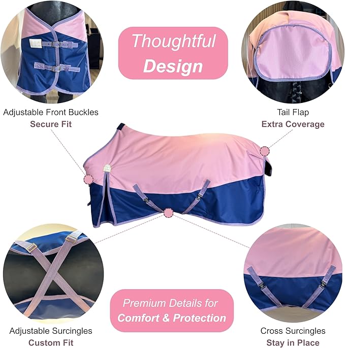BARN & STABLE 600Denier 3000mm/3000mvp Super Waterproof & Breathable Horse Blankets for Winter with 200g Fill (Pink/Blue, 75 Inch)