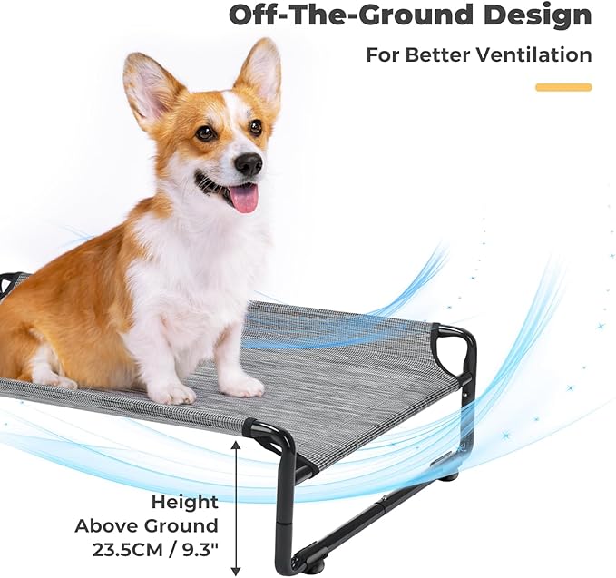 Veehoo 35" Medium Raised Dog Bed, Washable Dog Cot with Headrest Sides, Outdoor Elevated Dog Bed with Non-Skid Feet, Breathable Mesh, Portable Pet Hammock for Indoor or Camping, Black Silver