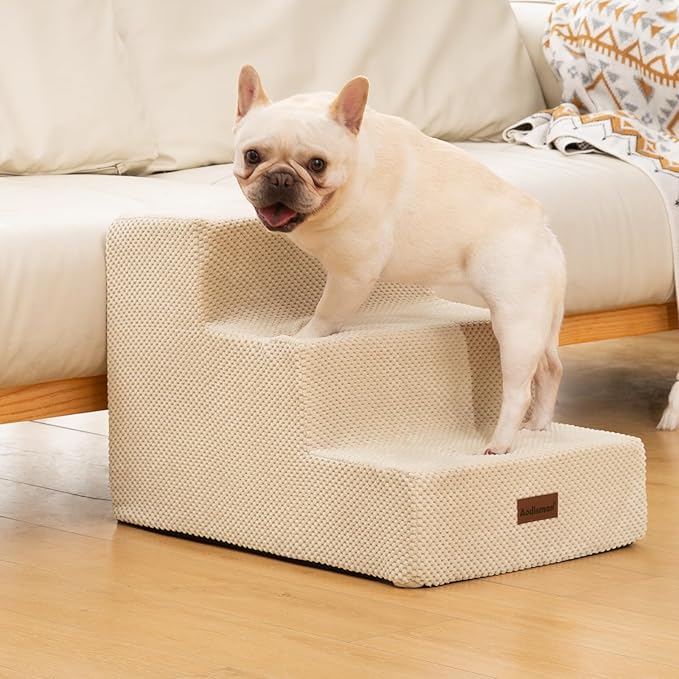 Aodisman Dog Stairs for Small Dogs & Cats, 3-Step Extra Wide Non-Slip Pet Steps for Couch Sofa and Chair, Beige, 15.7" H