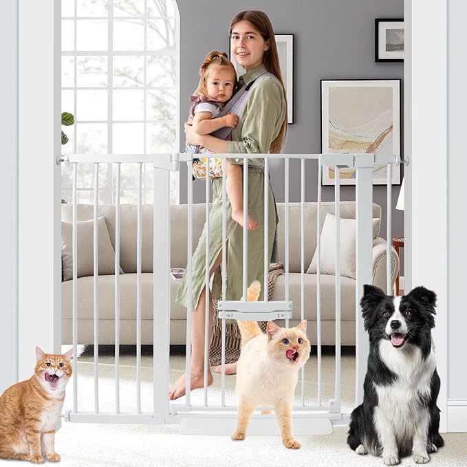 SHYUJAJIE 37 Inch Tall Baby Gate with Small Cat Door, Adjustable 29.55" and 46.06", Auto Close Safety Child Gate for Stairs, Doorway, House, Pressure Mounted