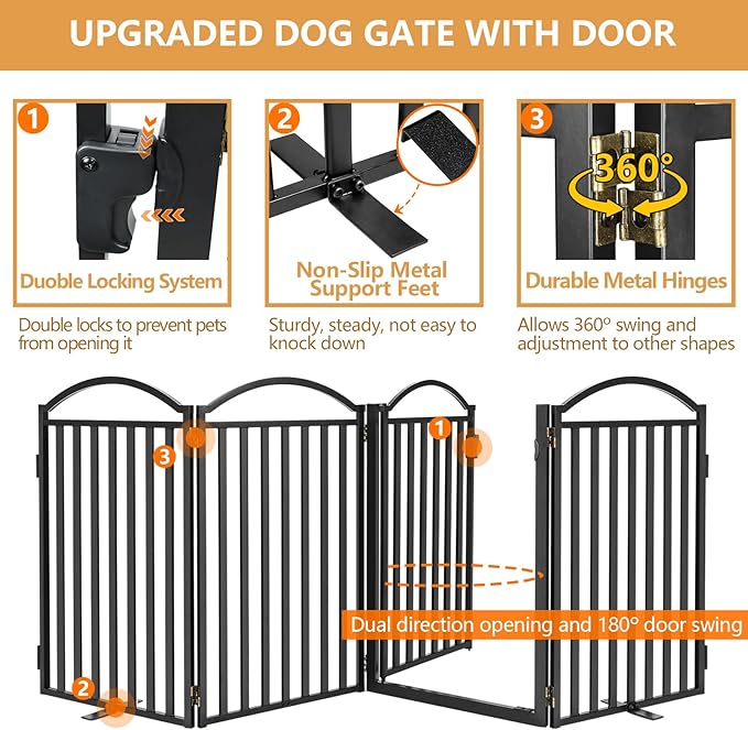 Malier Metal Freestanding Dog Gates with Door, 32'' Height Outdoor Indoor Dog Fences, 96'' Extra Wide Foldable Puppy Gate Free Standind Tall Pet Gate for Stairs, Hallways, Yard (Black, 4 Panels)