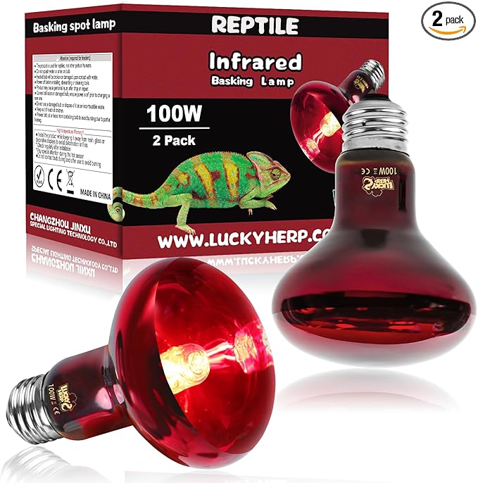 LUCKY HERP Infrared Heat Lamp 100W 2 Pack，Reptile & Amphibian Basking Spot Light Bulbs, Red Heat Lamp Bulbs for Reptiles, Bearded Dragon, Turtle, Lizard, Snake, Chicken