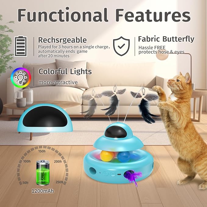 MOHAYA Cat Toys,4-in-1 Automatic Kitten Toy for Bored Indoor Adult Cats,lectric Flying Butterfly,Whack a Mole,Feather Track Balls,Blue - Image 6