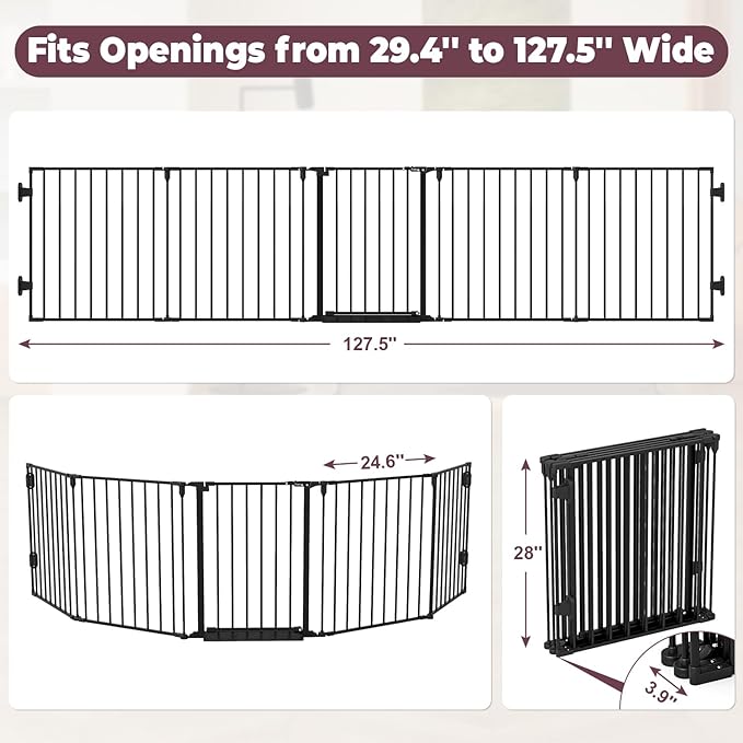 127.5" Extra Wide Baby Gate for Fireplace Christmas Tree, Configurable 5 Metal Panels Baby Fence, Child Gate for Wide Openings with Anti-Trip Pedal, Long Kid Gate for Dog Pet, 28'' Tall Black