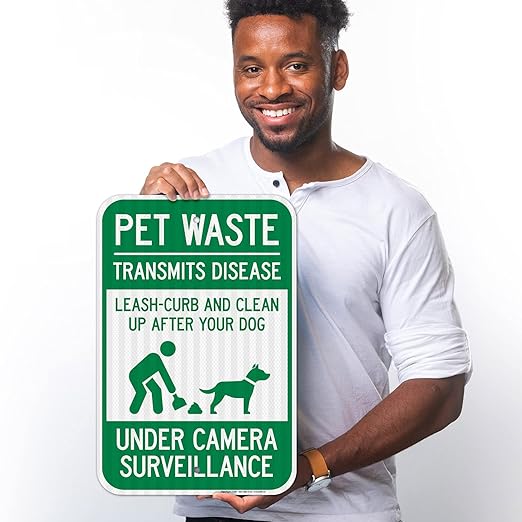 Pet Waste Leash Curb and Clean Up After Your Dog Under Camera Surveillance, 12x18 Inches, 3M EGP Reflective .063 Aluminum, Fade Resistant, Made in USA