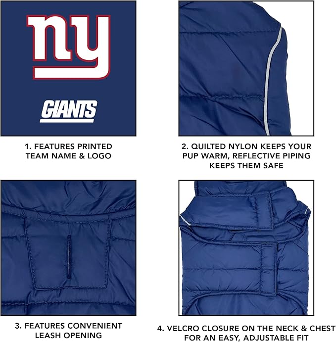 NFL New York Giants Puffer Vest for Dogs & Cats, Size Small. Warm, Cozy, and Waterproof Dog Coat, for Small and Large Dogs/Cats. Best NFL Licensed PET Warming Sports Jacket