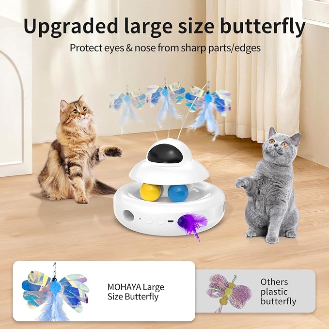 MOHAYA Cat Toys，4-in-1 Interactive Cat Toy for Indoor Cats with Laser, Fluttering Butterfly, Moving Feather and Track Balls - USB Rechargeable Self-Play Kitten Toy (White) - Image 5