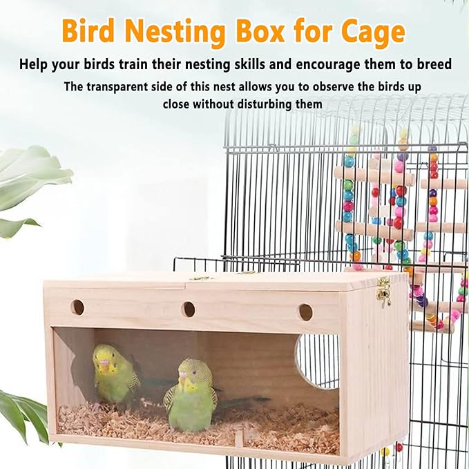 kathson Transparent Parakeet Nesting Box Parakeet Breeding Box Bird Nest with Perch Wooden Acrylic Bird House for Cage Nest for Parrot Lovebirds Cockatiel Conure Budgie and Other Small Medium Birds(L)