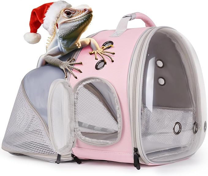 WEVONIGU Expandable Small Animal Backpack Carrier with Clear Bubble Window Large Space Travel Cage for Hedgehog Rat Parrot,Bearded Dragon,Sugar Glider,Airline Approved (Pink, BE Backpack)