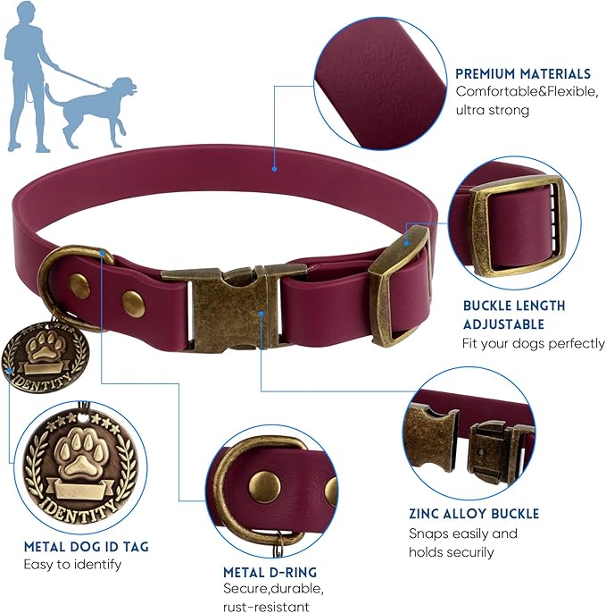Wisedog Waterproof Dog Collar and Leash Set, Adjustable Puppy Collar with Cute Tag 4FT Dog Leash with Poop Bag for Small Medium Large Dogs (XS, Burgundy)