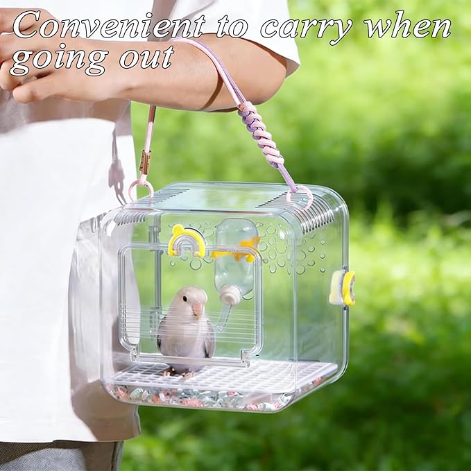 Portable Travel Bird Cage - Transparent Parrot Cage Equipped with a Water Bottle, Suitable for Veterinary Checkups, Short Trips, Canaries, Cockatiels, and Small Bird Species