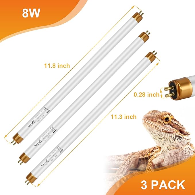UVB Light for Reptiles Bearded Dragon, 3 Pack T5 UVB Reptile Light UVB Bulb 10.0 8W UVA UVB Reptile Light Bulb Terrarium Light Lamp Tube for Turtle Chameleon Leopard Gecko Snake Tank, 12 Inch
