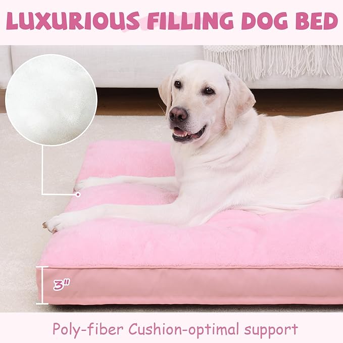 Dog Crate Bed Waterproof Deluxe Plush Dog Beds with Removable Washable Cover Anti-Slip Bottom Pet Sleeping Mattress for Large, Medium, Jumbo, Small Dogs, 35 x 22 inch, Pink