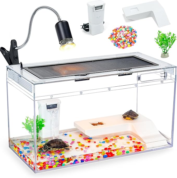 20x10.6x9.4'' Turtle Tank Kit - High-Definition Aquarium With Heating Lamp, Filter, Advanced Ventilation, High-Temperature Resistance, Complete Accessories for Habitat