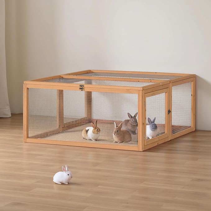 Chicken Coop Run, Rabbit Hutch, Portable Wooden Bunny Cage for Indoor/Outdoor, Small Pet Animal House with 3 Doors Openable, 47'', Natural Color (S)