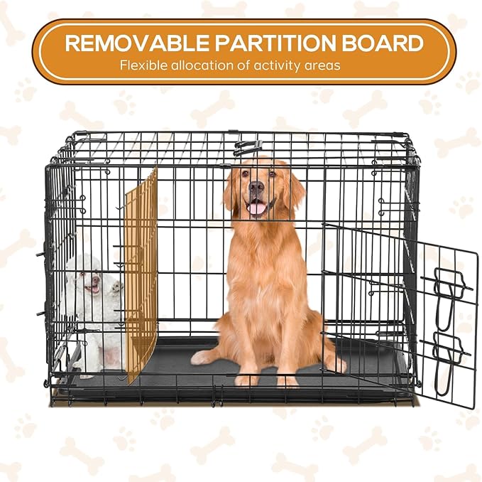 Dog Crate - 42 Inch Large Double Door Portable Dog Cage, Metal Wire Pet Kennel with Secure Lock, Leak-Proof Pan Tray, Foldable Design for Dogs Pets Indoor Training and Outdoor Trave
