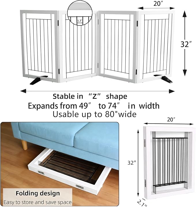 ZJSF Freestanding Dog Gate Indoor, Foldable Dog Fence for Doorways,Hallways or Stairs, Sturdy Wood Extra Wide Pet Gate with Support Feet,White,32 "Height-4 Panels