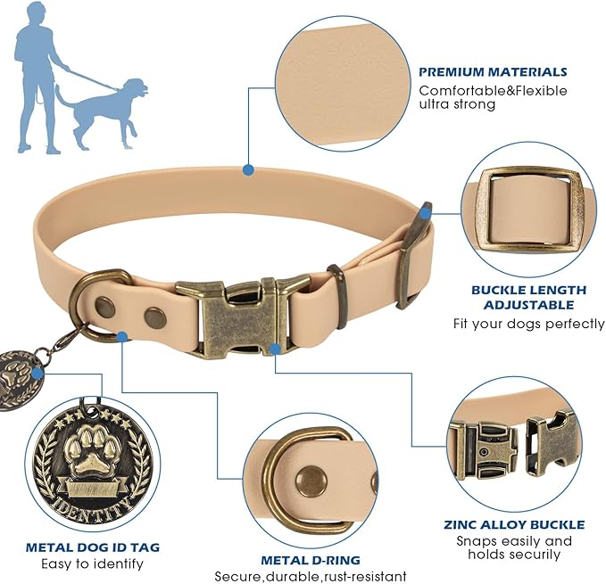 Wisedog Waterproof Dog Collar and Leash Set, Adjustable Puppy Collar with Cute Tag 5FT Dog Leash with Poop Bag for Small Medium Large Dogs (M, Sand Color)