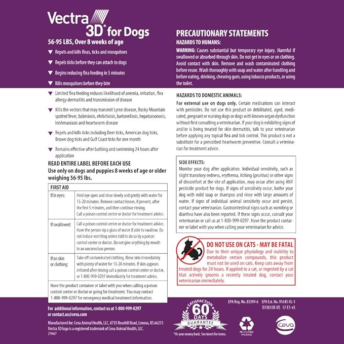 Vectra 3D Flea and Tick Prevention for Dogs, Kills and Repels Fleas, Ticks & Mosquitoes | Fast‑Acting, Waterproof, No Prescription Needed | Large Dogs 56–95 lbs, 6‑Month Supply