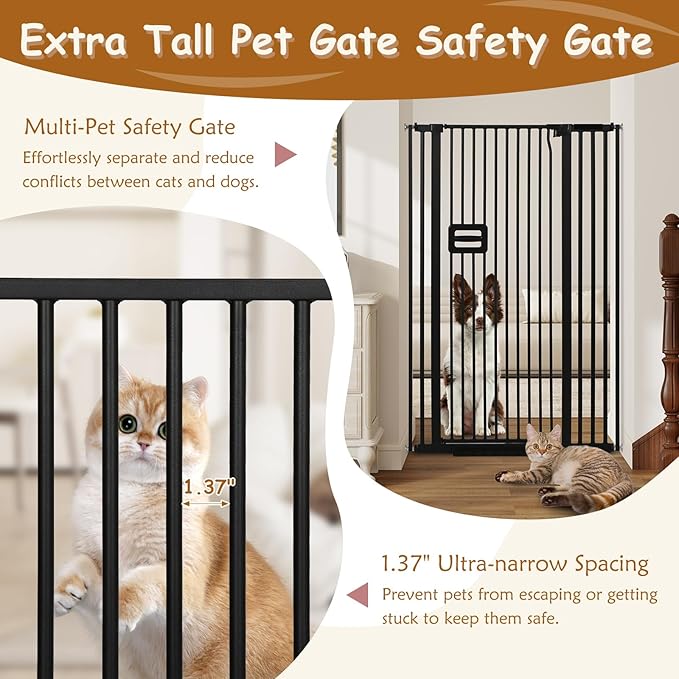 55'' Extra Tall Cat Gate, 34.2"-38.2" Wide Auto Close Tall Pet Gate for Doorways, Pressure Mounted High Dog Door Gate No Drilling Cat Fence Safety Baby Gate for Stairs, Doorways, Black