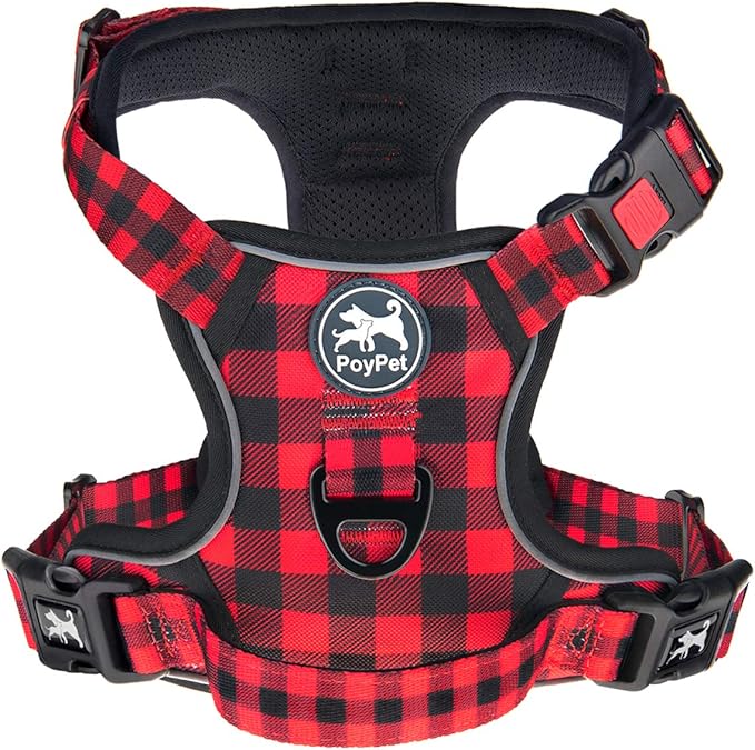 PoyPet No Pull Dog Harness, [Release at Neck] Reflective Adjustable No Choke Pet Vest with Front & Back 2 Leash Attachments, Soft Control Training Handle, Plaid(Checkered Red, L)