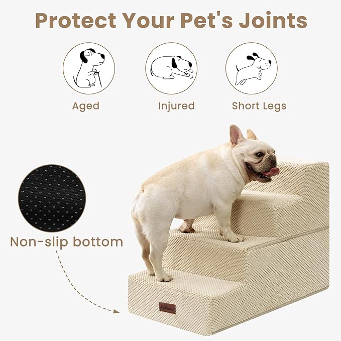 Aodisman Dog Stairs for Bed 18.5" H, 4-Step Dog Steps for Small Dogs and Cats, Indoor Non-Slip Balanced Pet Stairs are Suitable for Puppy, Older Cat,Beige