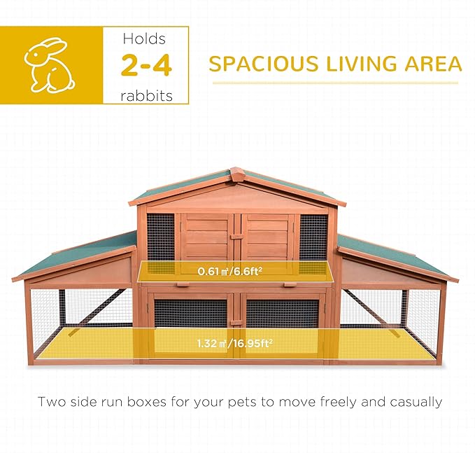 PawHut 89" L Outdoor Rabbit Hutch, Guinea Pig Cage Indoor Outdoor Wooden Bunny Hutch with Double Runs, Weatherproof Roof, Removable Tray, Ramps, Orange