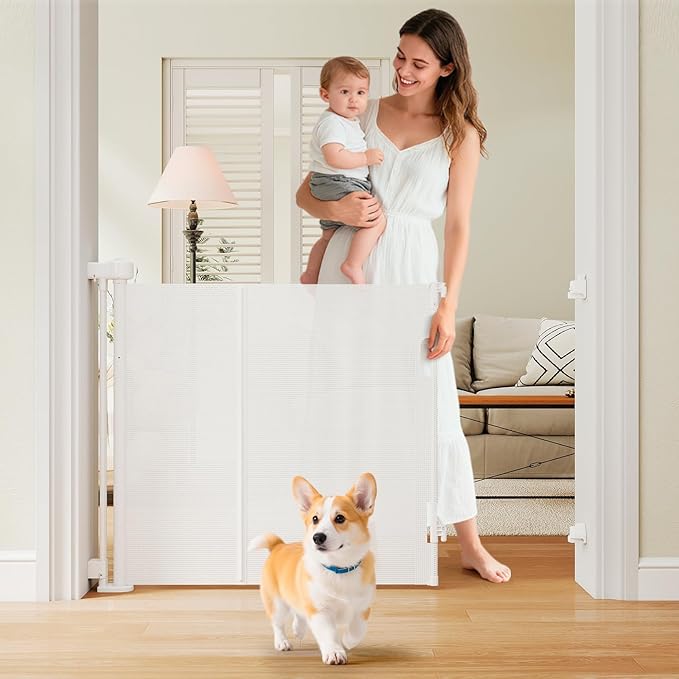 Miumoon One-Hand Operation Retractable Baby Gates, 120 inch Retractable Gate with Reinforced Strip Design to Prevent Crawling Through, 10 FT Extra Wide Retractable Dog Gate for Indoor/Outdoor