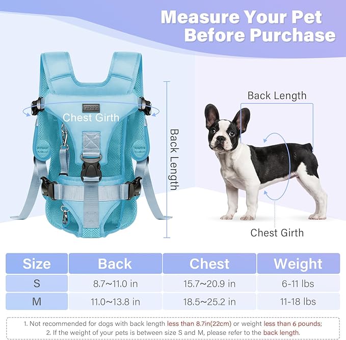 YUDODO Front Pet Carrier Backpack for Small Dogs and Cats, Secure and Breathable Mesh, Ergonomic Support, Adjustable for Walking, Hiking, or Travel (Blue M)