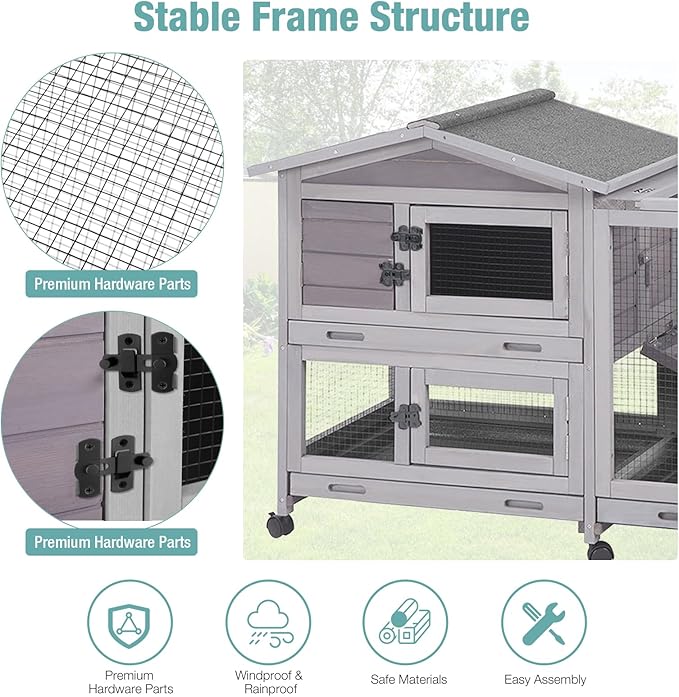 Suumerpety Indoor Rabbit Hutch with Pull-Out Tray, Weatherproof Rabbit Cage for Outdoor/Indoor Use, Bunny Hutch Chicken Coop with Run (Grey)
