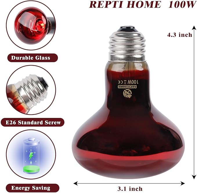 Reptile Heat Lamp,100W Red Basking Spot Lamp Bulb for Chickens Amphibians, Infrared Heat Emitter Light for Coop