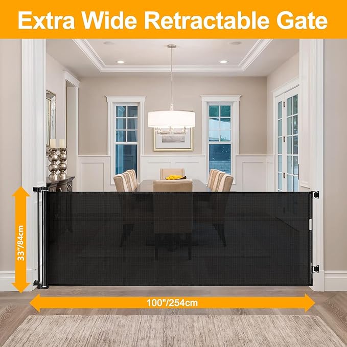 WOMHOM 100 Inch Extra Wide Baby Gates for Large Opening Retractable Indoor Baby Gate for Dogs Puppy Gates for The House 8.3ft Width for Kids Extra Long Retractable Dog Gate for Stairs Outdoor (Black)