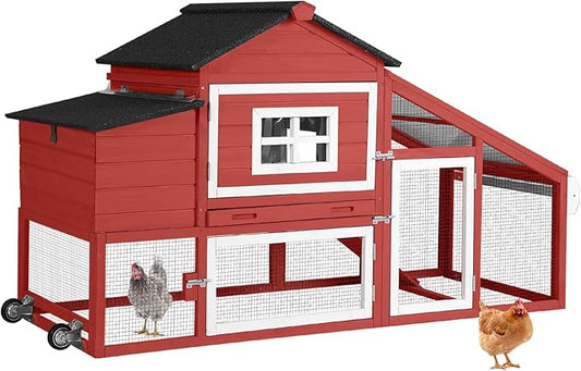Wooden Chicken Coop, Large Chicken Tractor with Wheels, Weatherproof Hen House with Nest Box and Removable Tray, Mobile Poultry Hutch for 2-4 Chickens, Rabbits & Ducks (Red)