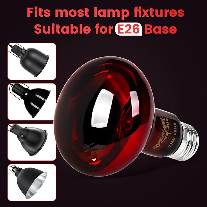 75W Infrared Heat Lamp Bulbs – 2-Pack Red IR Basking Light for Reptile & Amphibian, Silent Night-Time Heating, E26 Base, Bearded Dragon,Lizard,Turtle,Chicken