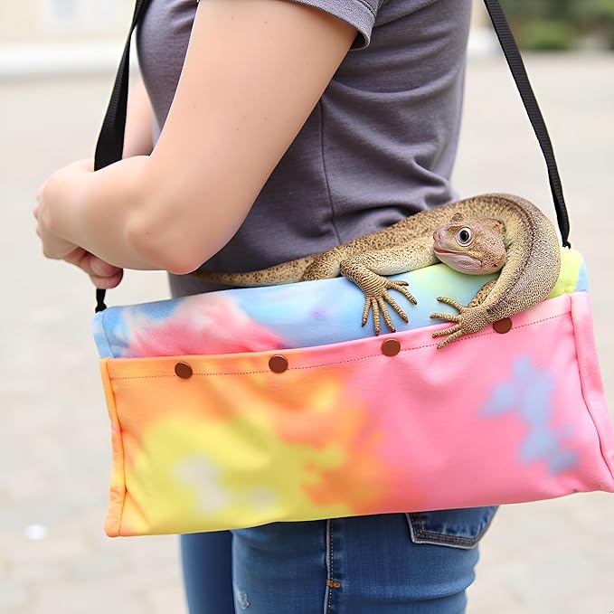 Reptile Sling Carrier with Adjustable Strap, Soft Warm Pouch for Bearded Dragon, Lizard, Leopard Gecko, Hamster, Small Animals, Iridescent