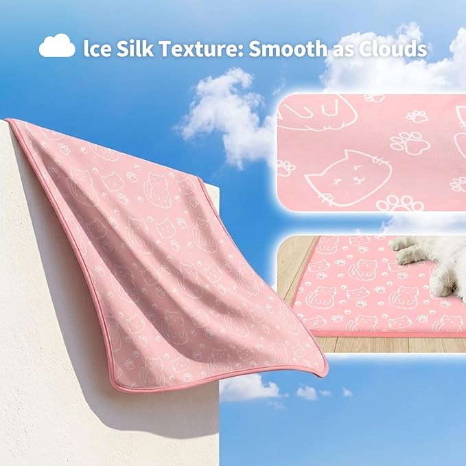 NWK Pack of 4 Pet Cooling Mat -Q-Max>0.345 Ice Silk Cooling Mat for Dogs & Cats Portable & Washable Pet Cooling Blanket, Car Seats, Beds for Summer (4pcs, Pink Cat, 20'' X 16'' X 0.3'')