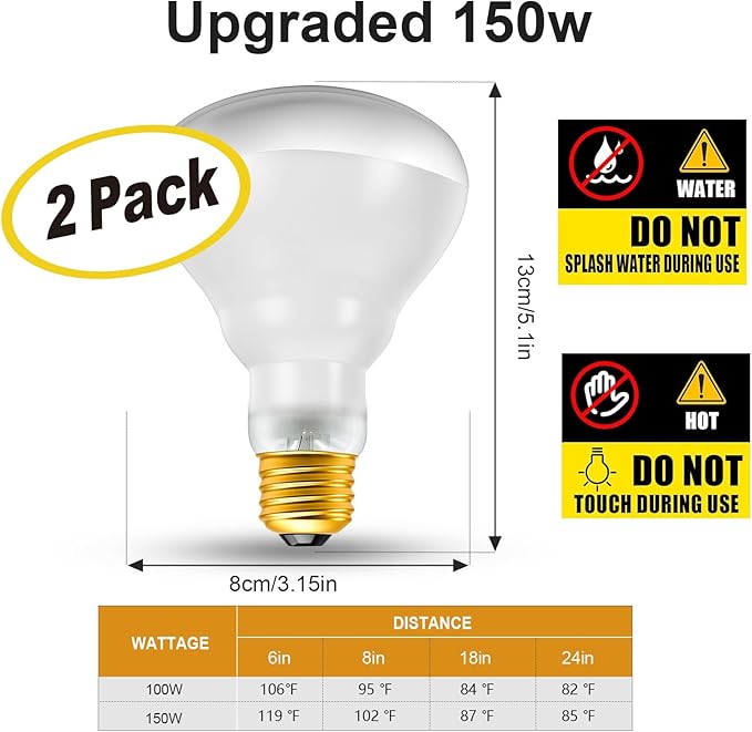 2Pack Reptile Heat Lamp, 150W Reptile Heat Emitter Infrared Basking Spot Light, UVA Daylight Heat Lamp Bulbs for Chickens Coop Reptiles Pets Brooder Use