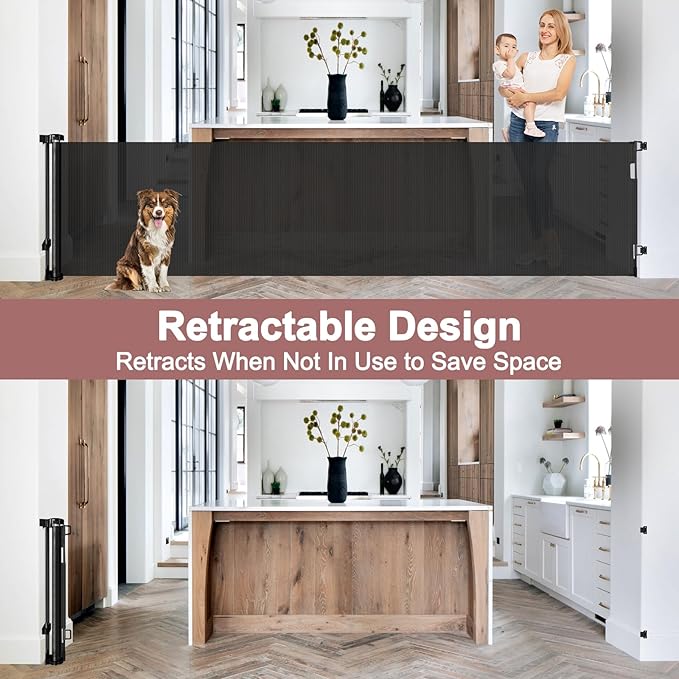 85 Inch Extra Wide Retractable Baby Gate Indoor Extra Long Baby Gate Outdoor Extra Large Dog Gate Child Gates for Wide Openings Mesh Pet Gate for Stairs Dog Gates for Doorways, Porches, Black