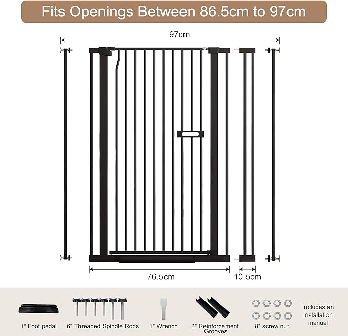 Cat Gate for Doorways, 55.1" Extra Tall Dog Gate Indoor for Stairs/Hallways/Kitchen, 34-38.1" Wide Include 4.13" Extension Kits, No Drilling Auto Close High Pressure Mounted, Black