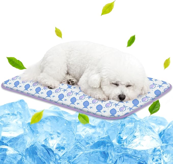 NWK Pack of 4 Pet Cooling Mat - Ice Silk Cooling Mat for Dogs & Cats Portable & Washable Pet Cooling Blanket, Car Seats, Beds for Summer (4pcs, Purple Fish, 27’’ X 20’’ X 0.3)